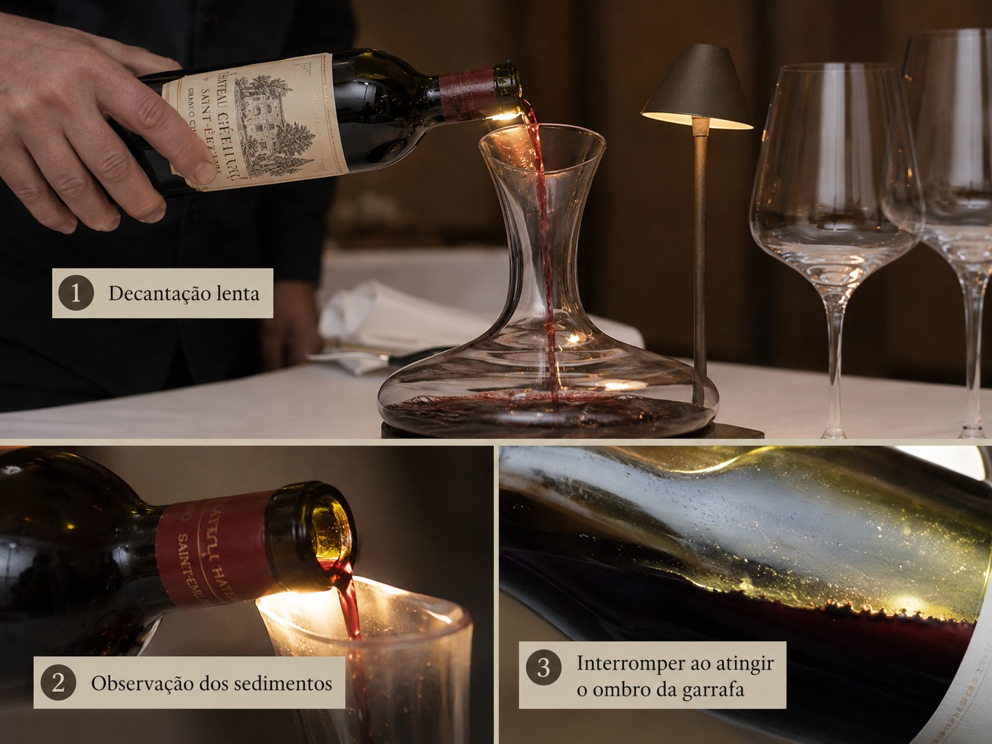 Figura 2. Sequência da decantação: vertimento lento, observação dos sedimentos e interrupção antes que o depósito passe para o decanter.