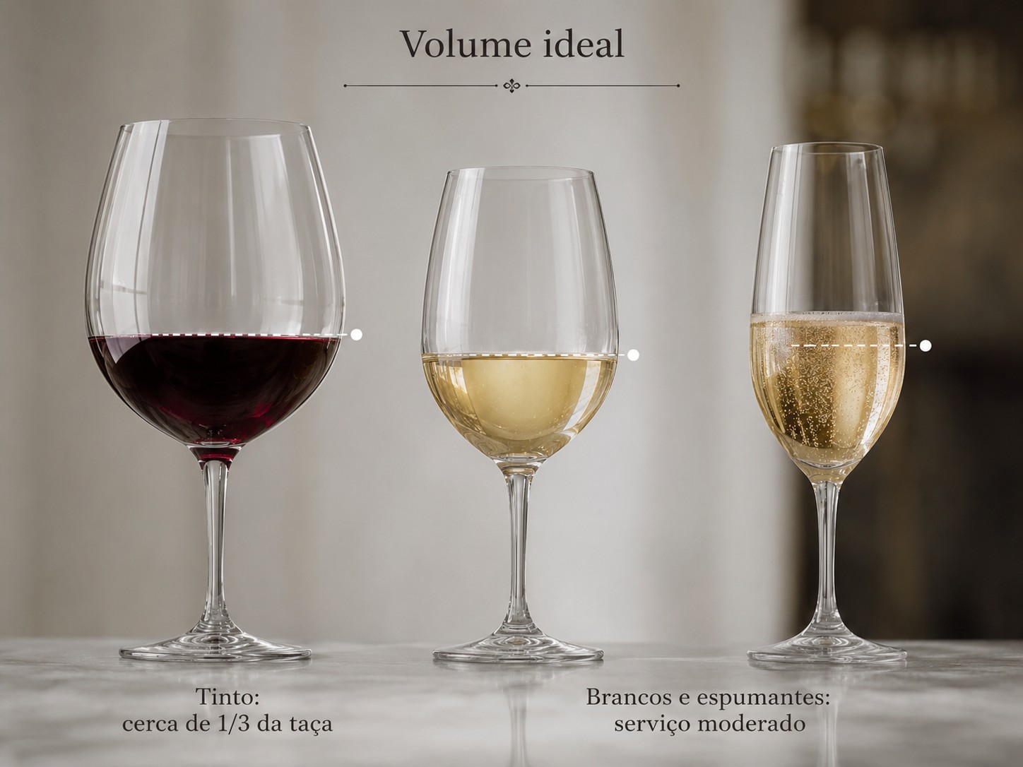 Figura 4. Cerca de 1/3 da taça para tintos e serviço moderado para brancos e espumantes.