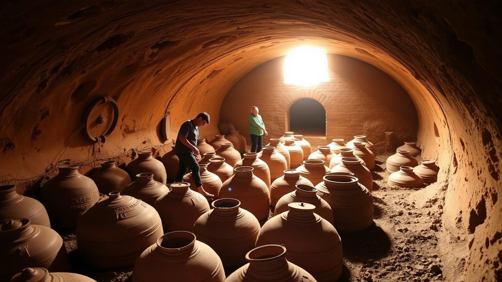 Qvevri georgianos enterrados — vinificação em ânfora, técnica de 8 000 anos, reconhecida como Patrimônio Imaterial pela UNESCO (2013).
