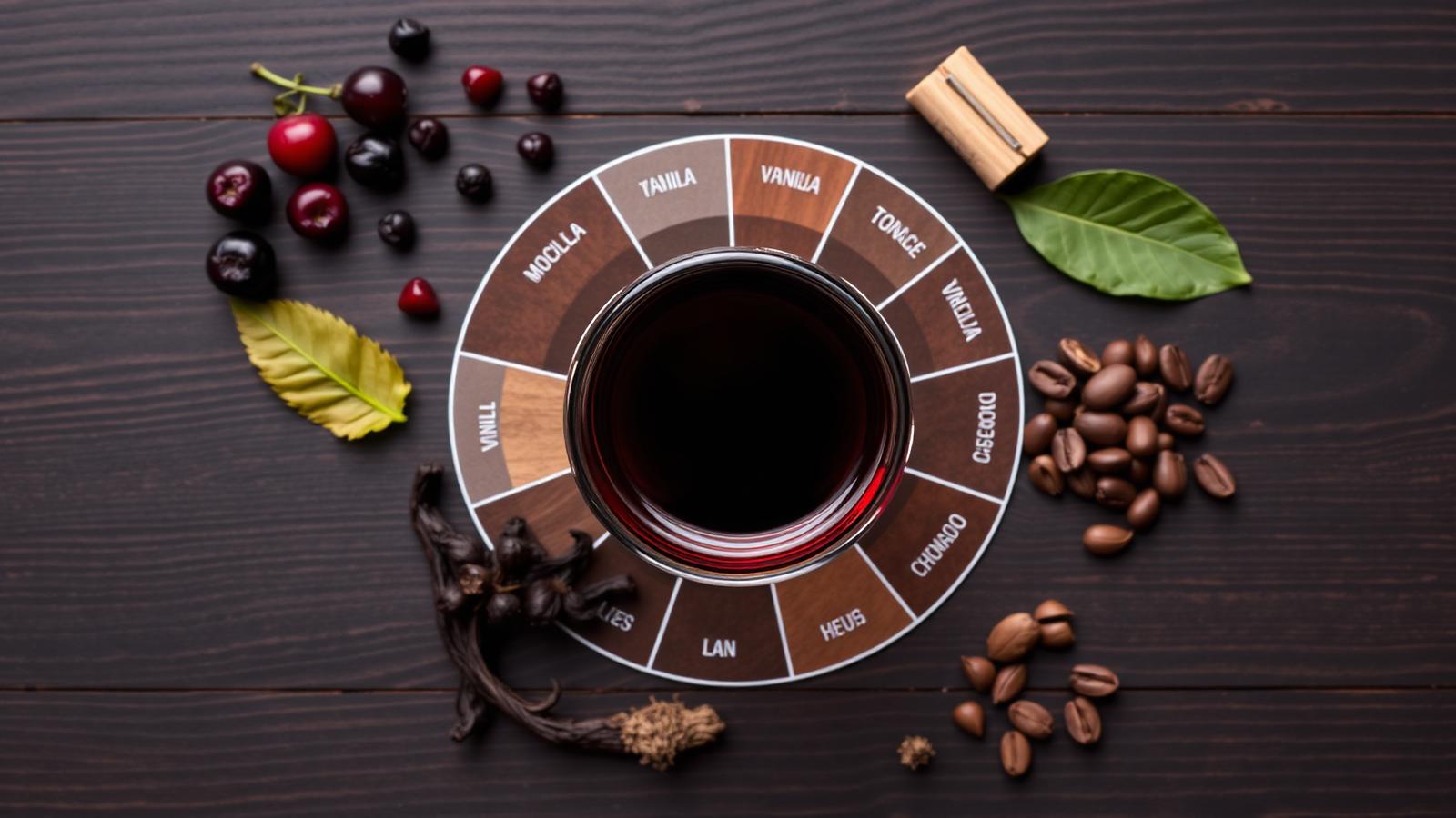 Roda de aromas — inspirada no Aroma Wheel de Ann C. Noble (UC Davis, 1984), o vocabulário universal da degustação técnica.