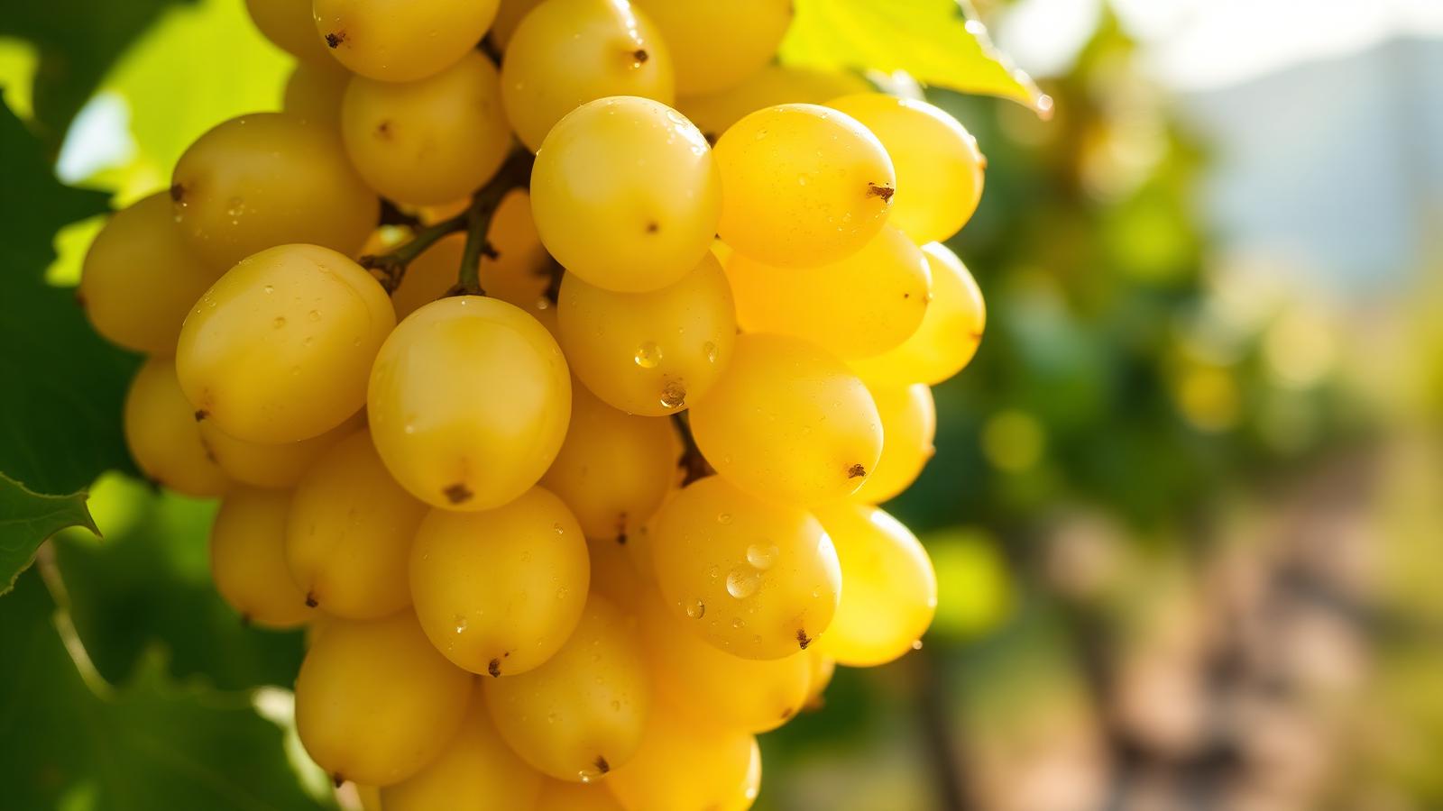 Cachos de castas brancas — pele fina, alta relação polpa-casca e acidez naturalmente mais elevada favorecem frescor e aromas florais/frutados.
