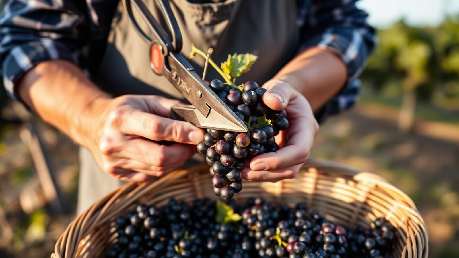 Colheita manual: seleção cacho a cacho preserva a integridade das bagas — padrão em Bordeaux, Bourgogne e Champagne para os vinhos de topo.