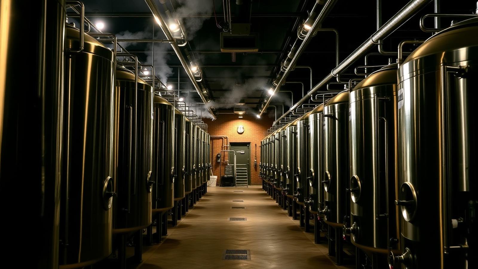 Sala de tanques de inox com controle de temperatura — leveduras convertem açúcar em álcool e CO₂ (aprox. 17 g/L de açúcar geram 1 % vol. de álcool).