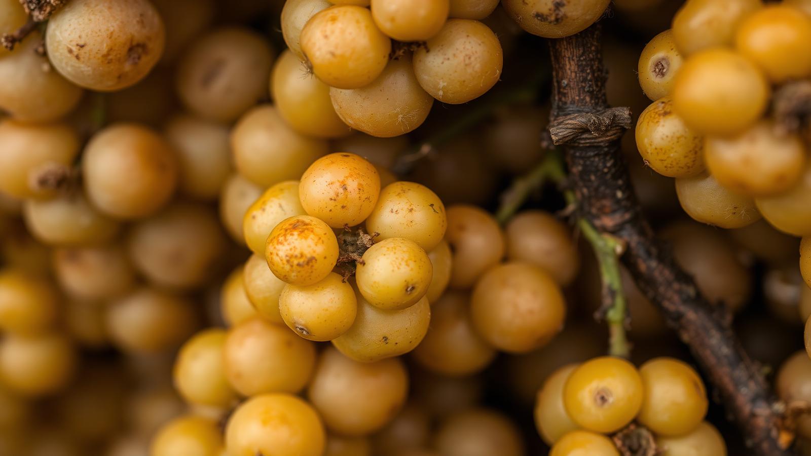 Bagas afetadas por Botrytis cinerea (podridão nobre) — concentra açúcares, glicerol e aromas complexos em Sauternes, Tokaji Aszú e Beerenauslese alemães.